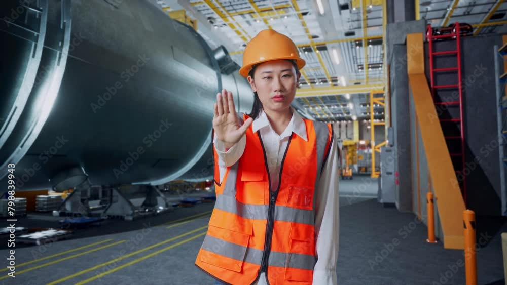 Asian Female Engineer With Safety Helmet Disapproving With No Hand Sign While Standing In Pipe Manufacturing Factory Asian Female Engineer With Safety Helmet Disapproving With No Hand Sign While Standing In Pipe Manufacturing Factory