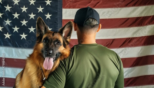 Back of american military man with service german shepherd on the background of the US flag, veterans day