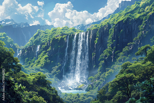 A grainy gradient illustration of a majestic waterfall cascading down a lush green mountainside.