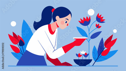 A young girl carefully arranges a variety of red white and blue plants in a flower dissection experiment analyzing their unique structures and. Vector illustration