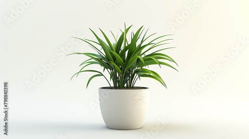 A beautiful shot of a potted plant on a white background. The plant has long, green leaves and is growing in a white pot.