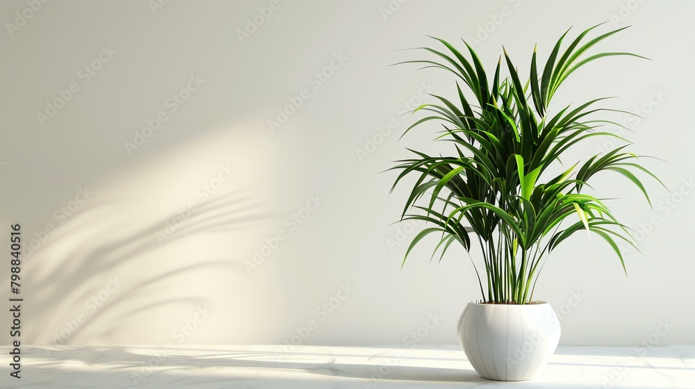 A beautiful shot of a potted plant sitting in front of a white wall. The plant has long green leaves and is sitting in a white pot.