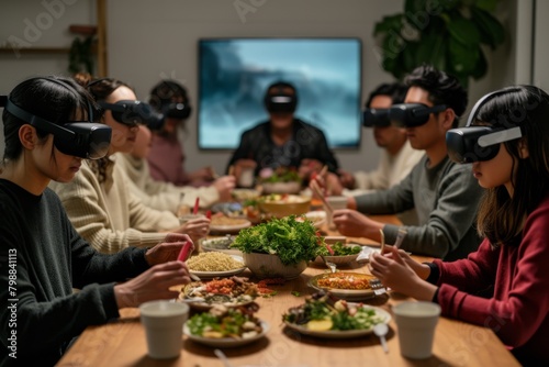 All the people in a latam family having lunch at a table and everyone wearing  VR on their faces 