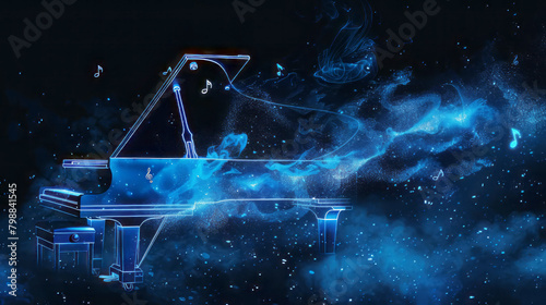 Piano with blue light wire  and smoke on black background. 3D rendering. Ai generative. © viking75