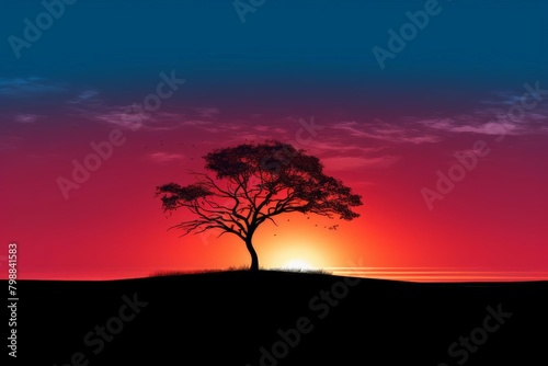 The setting sun casts a pink and purple glow on the horizon. A lone tree stands in the foreground  its branches silhouetted against the sky.