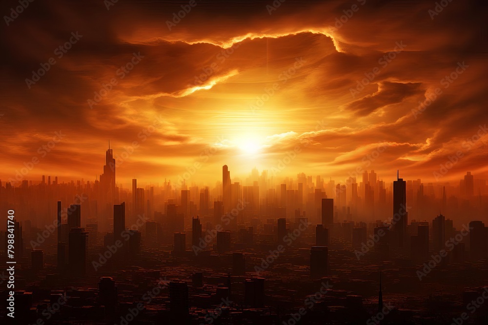 A dark and ominous cityscape with a large red sun setting over the buildings.