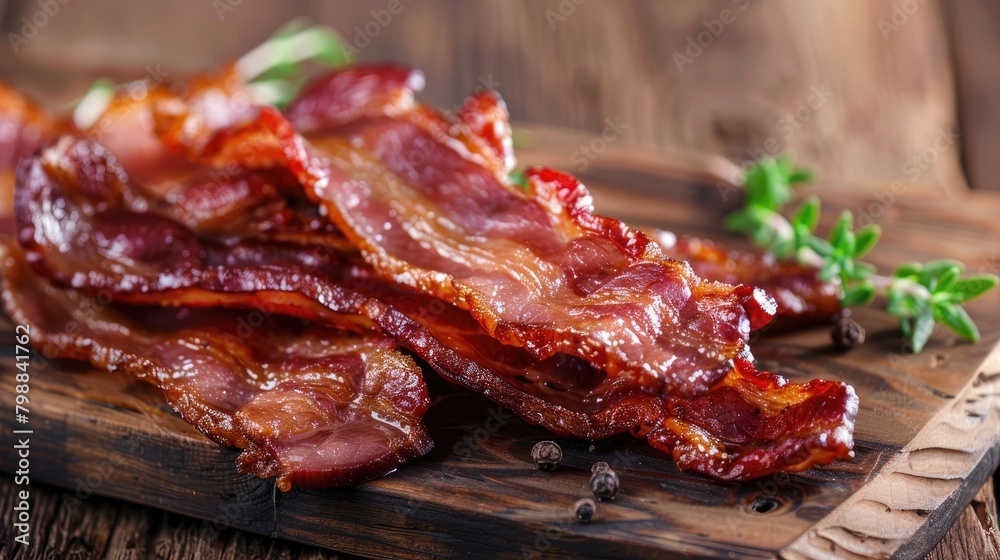 Homemade smoked bacon presented on a wood surface