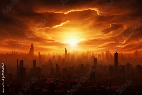 A dark and ominous cityscape with a large red sun setting over the buildings.