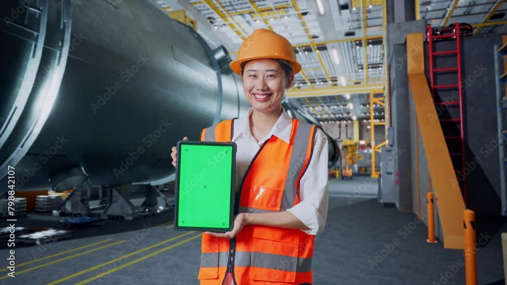 Asian Female Engineer With Safety Helmet Smiling And Showing Green Screen Tablet To The Camera In Pipe Manufacturing Factory Asian Female Engineer With Safety Helmet Smiling And Showing Green Screen Tablet To The Camera In Pipe Manufacturing Factory