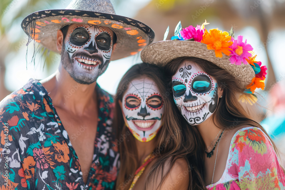 Cinco de Mayo. Happy people with sugar skull face paint posing for a picture at an event. Dia de los Muertos Cinco de Mayo. Happy people with sugar skull face paint posing for a picture at an event. Dia de los Muertos