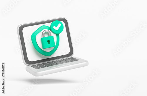 Protect cyber security personal user data authentication privacy. Protection secure digital crime hacker laptop icon concept. 3d rendering.
