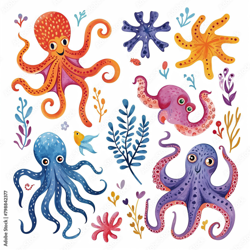 Octopus set boho style isolated. Animal illustration with ornament style Octopus set boho style isolated. Animal illustration with ornament style
