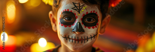 Cinco de Mayo. A boy with sugar skull face paint at a fictional arts event. Generative AI