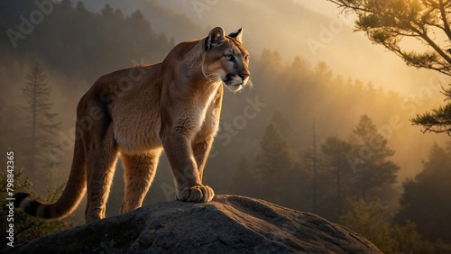 a dawn scene in the dense forests of North America where a cougar, also known as a mountain lion, is captured in a stunning, photo-realistic shot. photo