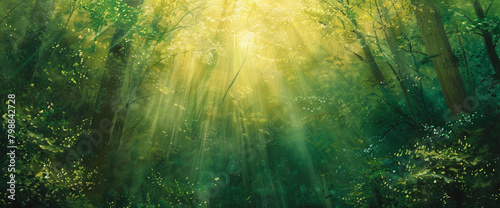 Golden shafts of sunlight pierce the forest canopy, illuminating a verdant world in shades of jade and gold.