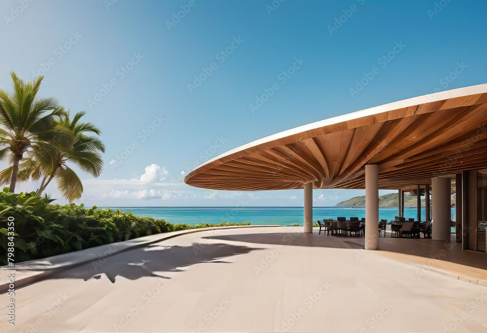 Shell and clamshell canopy with brackets and beautiful shape, modern building materials, non-traditional shape, modern architectural style, wavy and balanced shape,