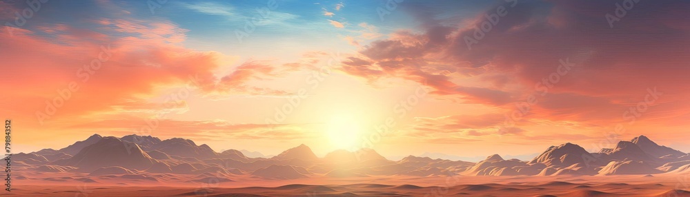 A beautiful landscape with a bright setting sun and a colorful sky with clouds over the mountains