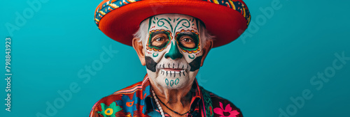 Cinco de Mayo. Man in sugar skull makeup wearing a sombrero hat for costume fun. Generative AI