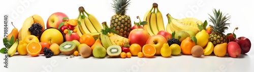 A variety of fruits arranged in a row on a white background.