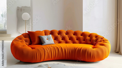 Modern Vibrant Orange Tufted Sofa in a Minimalist White Living Room Interior