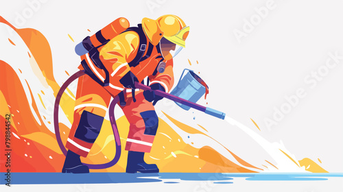 Firefighter in uniform extinguishing small fire pou photo