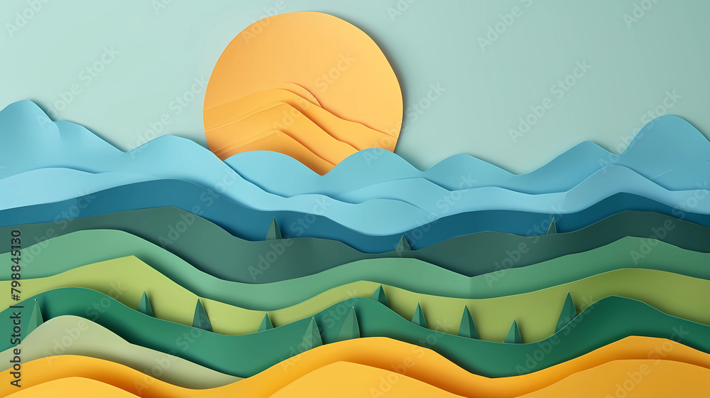 Fototapeta premium Surreal Paper Art Landscape with Rising Sun, Mountains, and Clouds