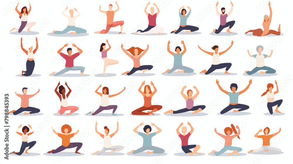 Crowd of tiny people performing yoga exercises. Men