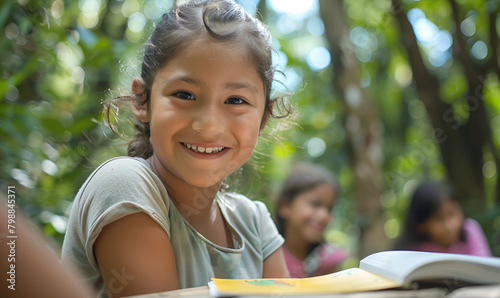 A candid diagonal shot capturing a cute kid happily engaged in learning activities in an outdoor classroom setting. Surrounded by trees and natural beauty, the child's genuine smile and focused attent photo