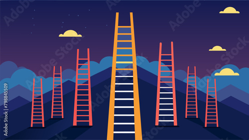 Tall sy ladders are set up to reach the highest points for the grand finale creating a pictureperfect scene against the dark sky.. Vector illustration
