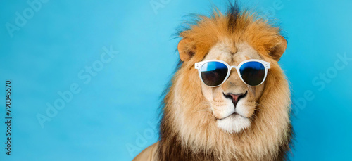 Portrait of a fashionable lion in sunglasses isolated on a blue background. Generative AI