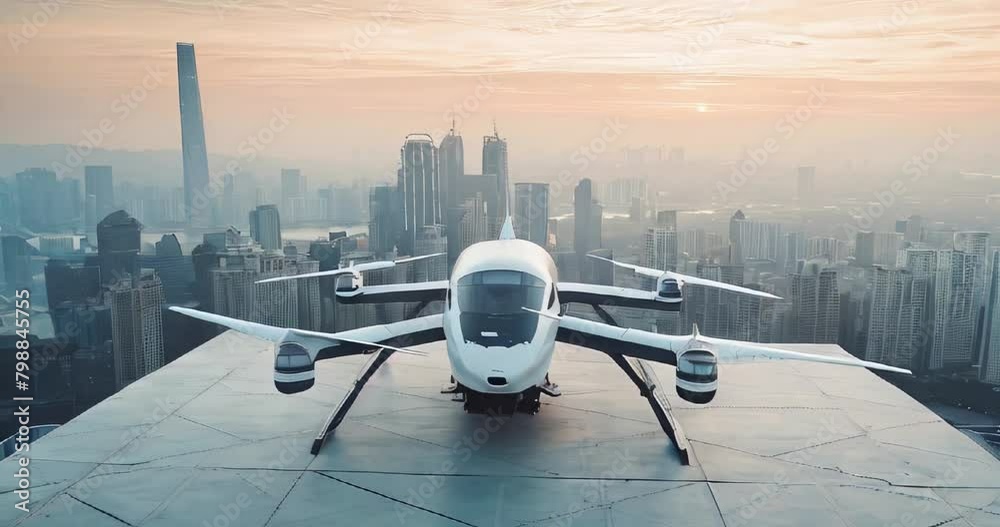 evtol futuristic passenger transport on the roof of a building overlooking the metropolis 