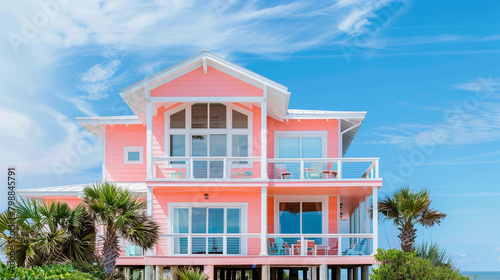 Charming Pink Beachfront House with Balconies Overlooking Tropical Paradise