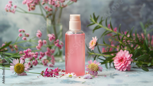 Pink Beauty Serum Bottle Surrounded by Fresh Spring Flowers on a Textured Background