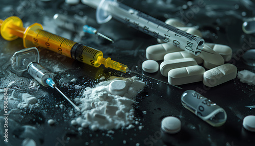 Different drugs and syringe on dark background, closeup