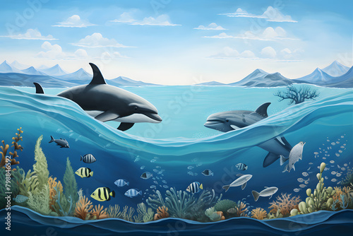 Let's save our oceans. World ocean day design with underwater ocean, dolphin, whale, corals, sea plants.