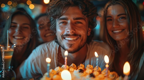 A group of friends gather around a birthday cake, celebrating with a man who is about to blow out the candles