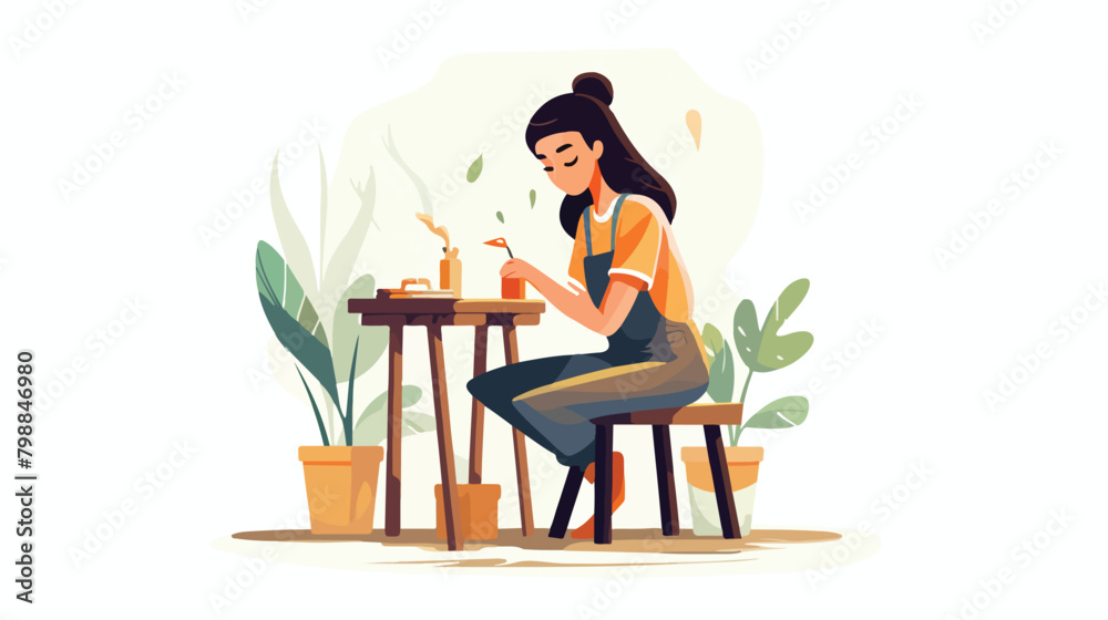 Cute adorable woman painting wooden chair. Female f