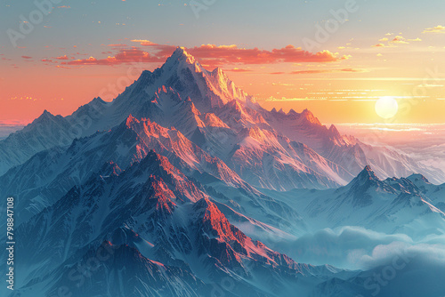 A grainy gradient illustration of a majestic mountain range bathed in the golden light of sunrise.