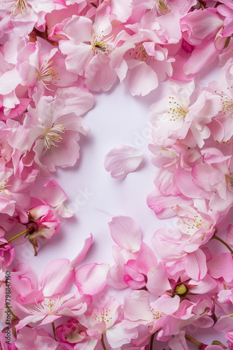 Delicate texture of cherry blossom petals around the frame  with a blank space in the center  showcasing their softness and pastel hues. 