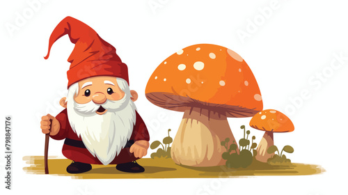 Cute and funny garden gnome or dwarf holding amanit