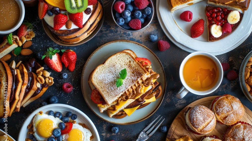 Capture the beauty of a peanut butter sandwich against a backdrop of delicious desserts and breakfast snacks all set against a mouth watering food spread in the top photo Capture the beauty of a peanut butter sandwich against a backdrop of delicious desserts and breakfast snacks all set against a mouth watering food spread in the top photo