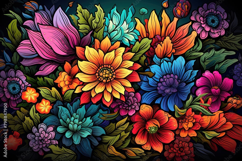 Flower Explosion. Colourful magical tropical flowers isolated on black background in vector pop art style. Flower Explosion. Colourful magical tropical flowers isolated on black background in vector pop art style.