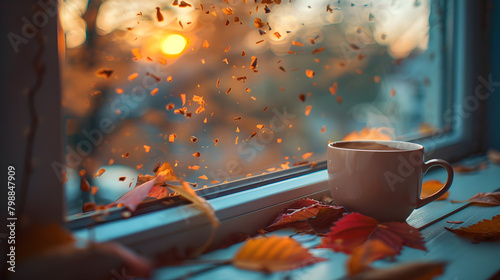 A cup of hot autumn coffee or tea on the window, living in hygge style, perfect for cold fall weather and Halloween.