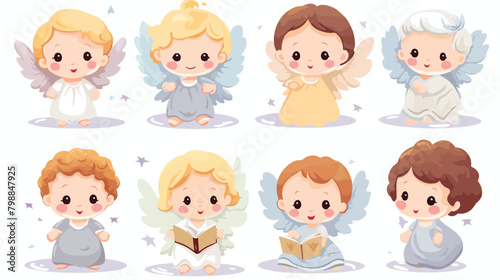 Cute baby angels flat vector illustrations set. Ado