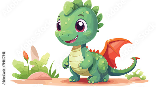 Fototapeta Naklejka Na Ścianę i Meble -  Cute baby dragon walking. Happy smiling dinosaur in