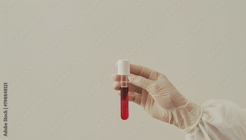 Laboratory worker's hand in rubber glove holding test tube with blood sample on light background Laboratory worker's hand in rubber glove holding test tube with blood sample on light background