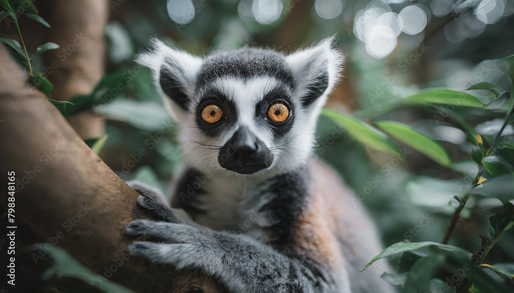Obraz premium portrait of a cute lemur sleeping on a tree branch in the forest with sun rays. Generative AI