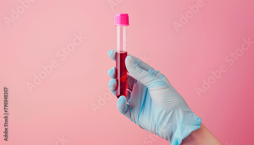 Laboratory worker's hand in rubber glove holding test tube with blood sample on light background © Oleksiy