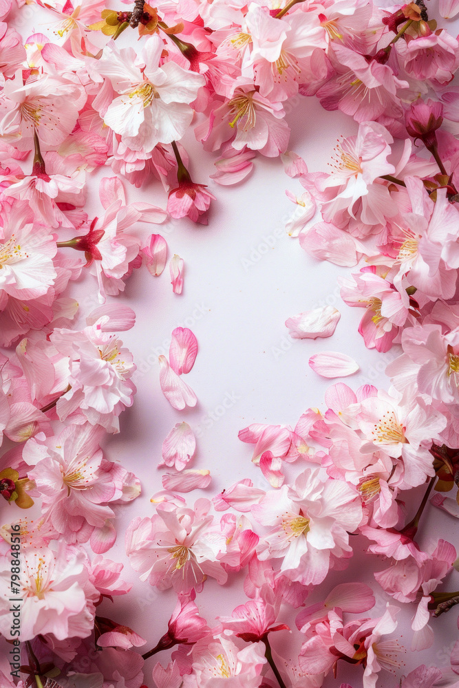 Delicate texture of cherry blossom petals around the frame, with a blank space in the center, showcasing their softness and pastel hues. Delicate texture of cherry blossom petals around the frame, with a blank space in the center, showcasing their softness and pastel hues.