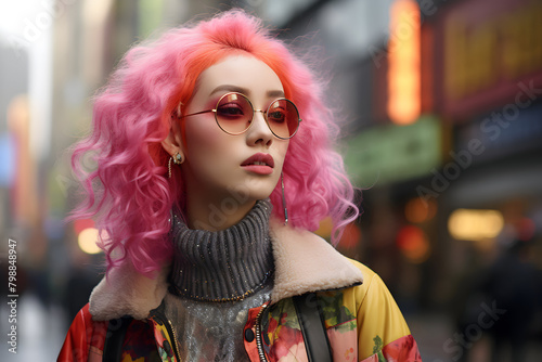fashion photo of beautiful woman with pink hair and sunglasses in the city © gographic